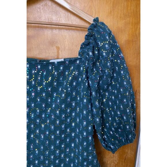Queen Of Sparkles Green Drop Waist Denim Sequin Dress Puff Sleeves Mini Size M - Picture 5 of 8